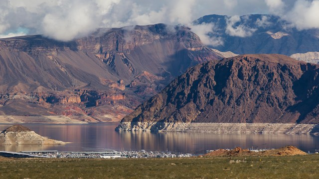 Brown mountains overlooking Lake Mead. 