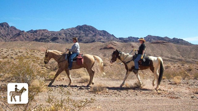 Two riders on horseback in front of mountains