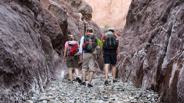 Three hikers hike in a canyon