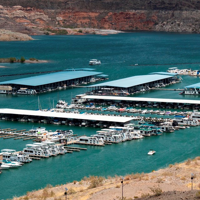 A marina on a desert lake. 