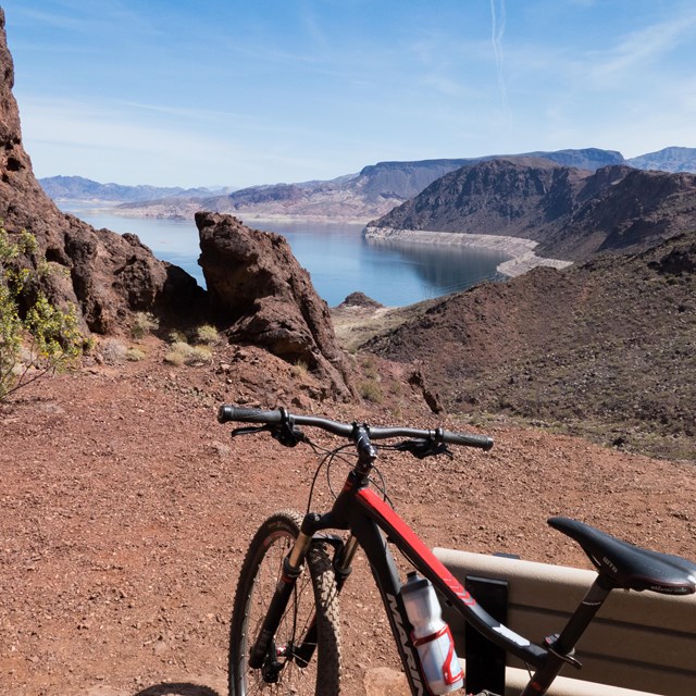 Bike leaning against bench overlooking the lake.