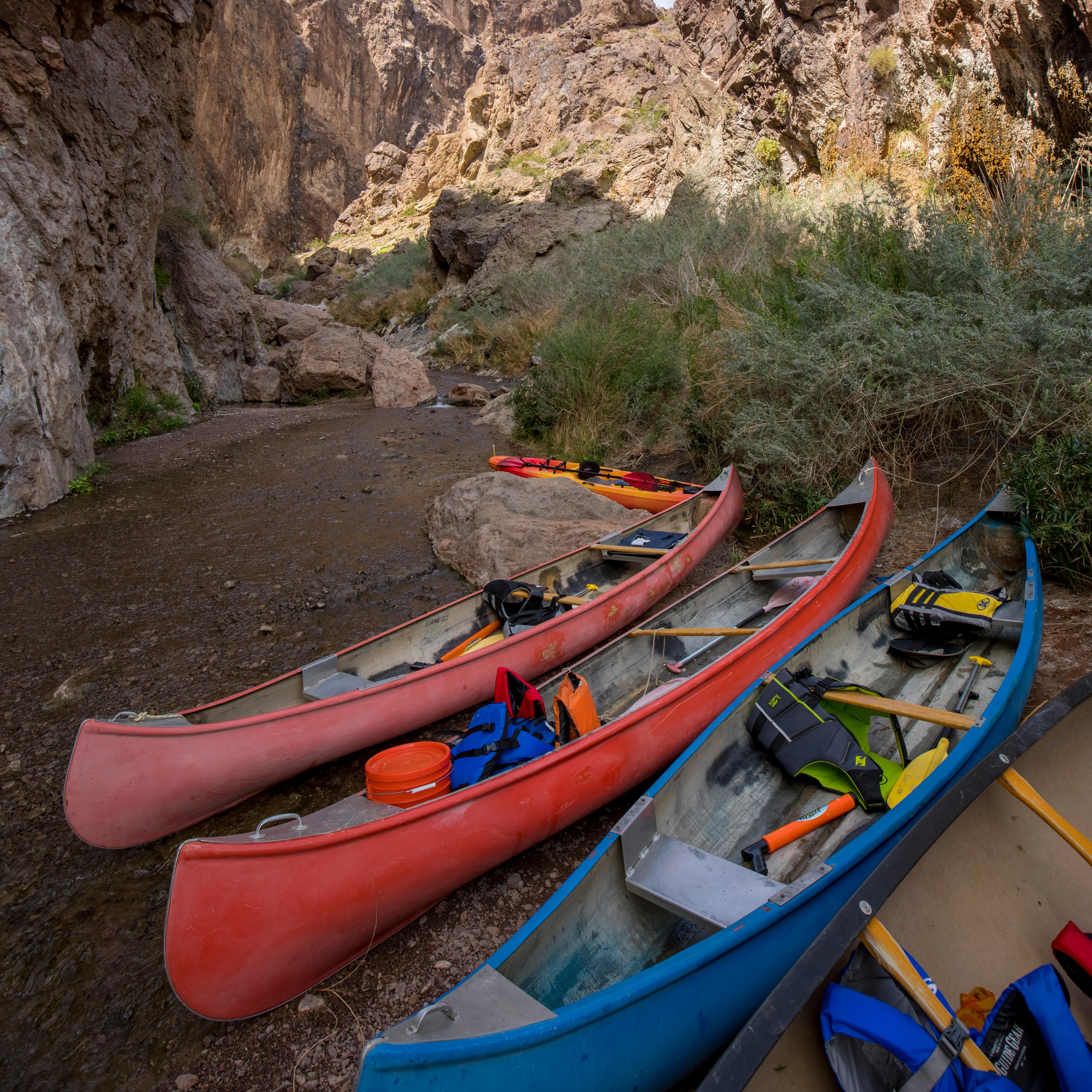 Three kayaks with no one in them on the side of a river.