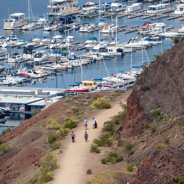Hiking trail overlooking marina and lake. 