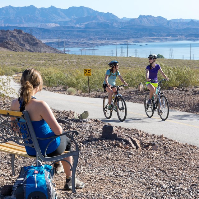 Hiking trail with bikers. 