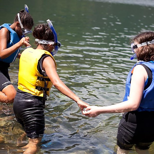 Three kids with snorkel gear and PFDs heading into the water.