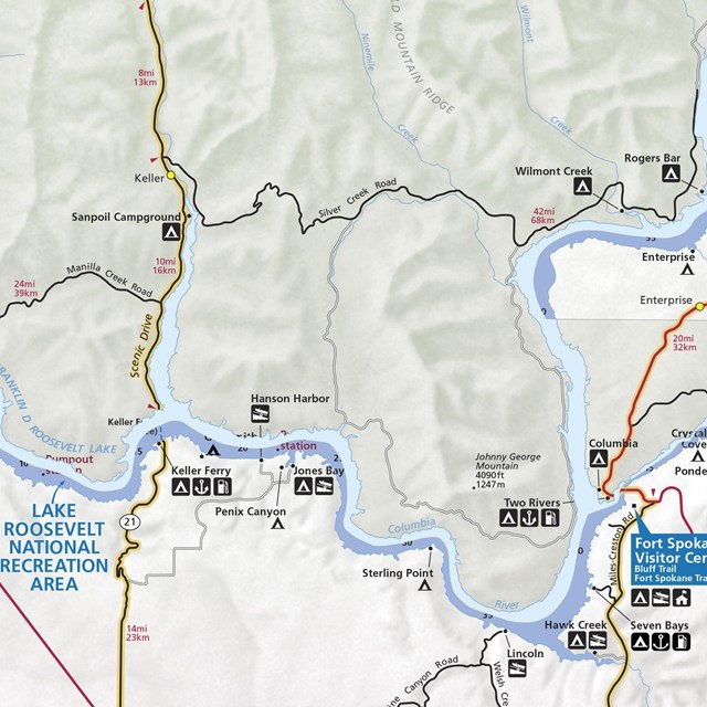 A map of the lower half of Lake Roosevelt NRA.