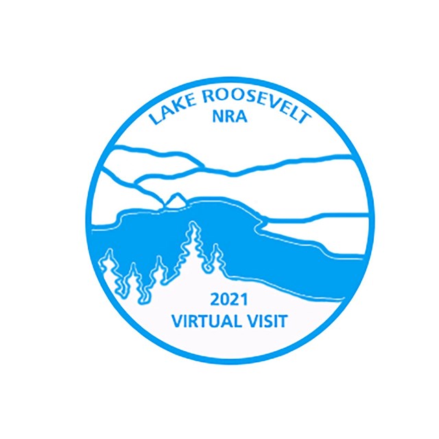 A light blue circle with trees in the foreground, the lake beyond, and low hills encircling.