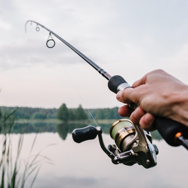 Bank fishing on the shores of Lake Roosevelt with trees in the distance.