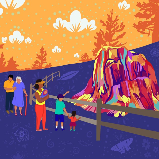 Illustration of a multi-generational Latino family admiring a large petrified Redwood stump.