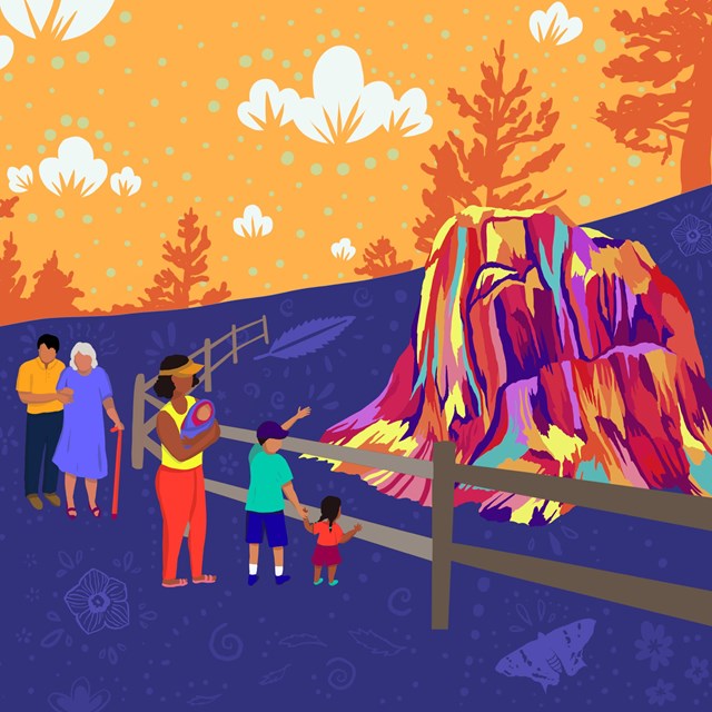 Illustration of a multi-generational Latino family admiring a large petrified Redwood stump.