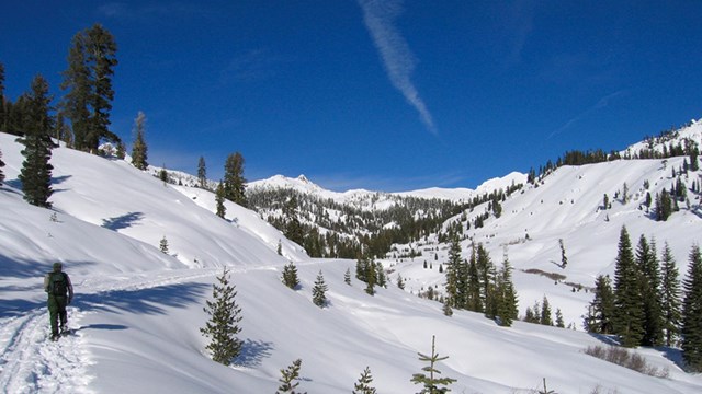 A person snowshoes up a snow-covered route through a mountain landscape. 