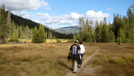 Photo of a man and a women hiking through yellow grass in a large meadow