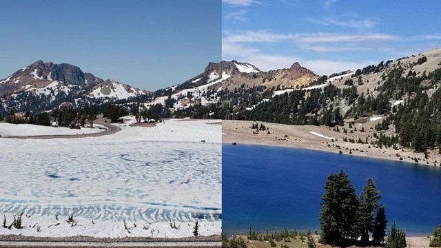 A photo of a blue lake in the summer with the left half under ice in the spring. 