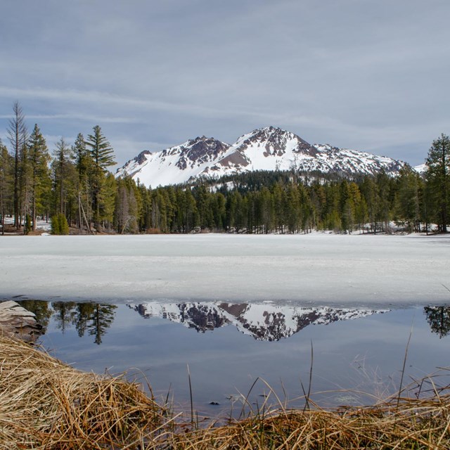 A jagged, snow-covered peak reflected in a partially frozen lake fronted by dead grass