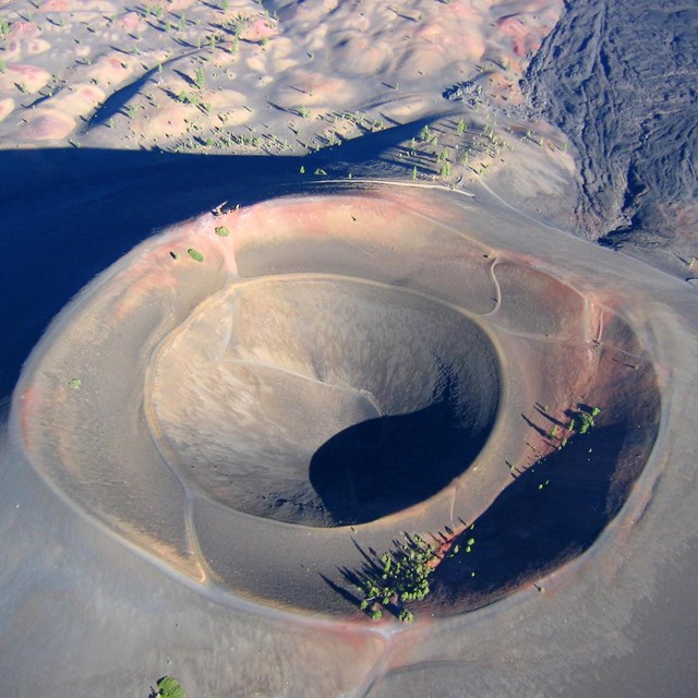 An aerial view of the crater on top of the Cinder Cone