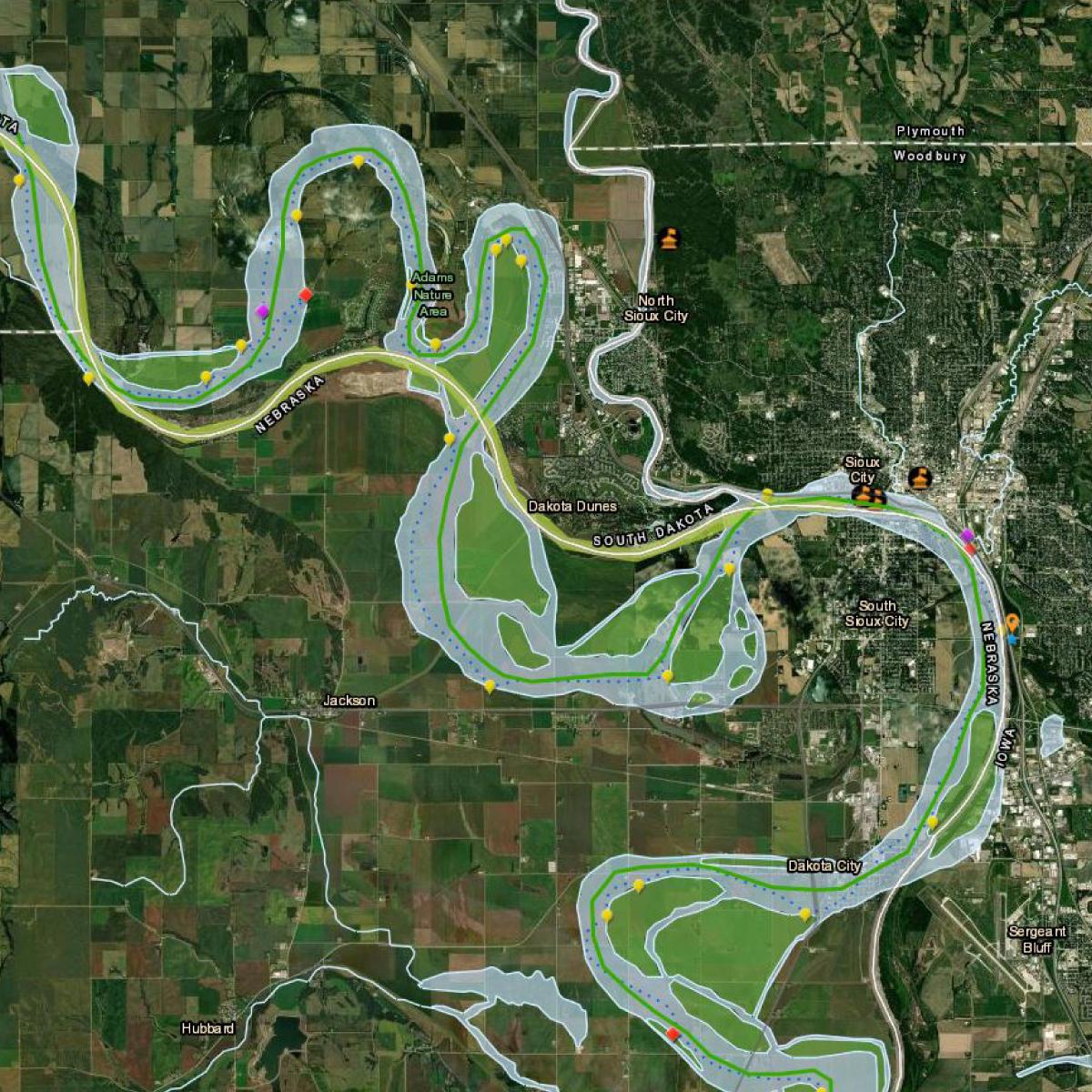 satellite view of river with detailed map overlays 