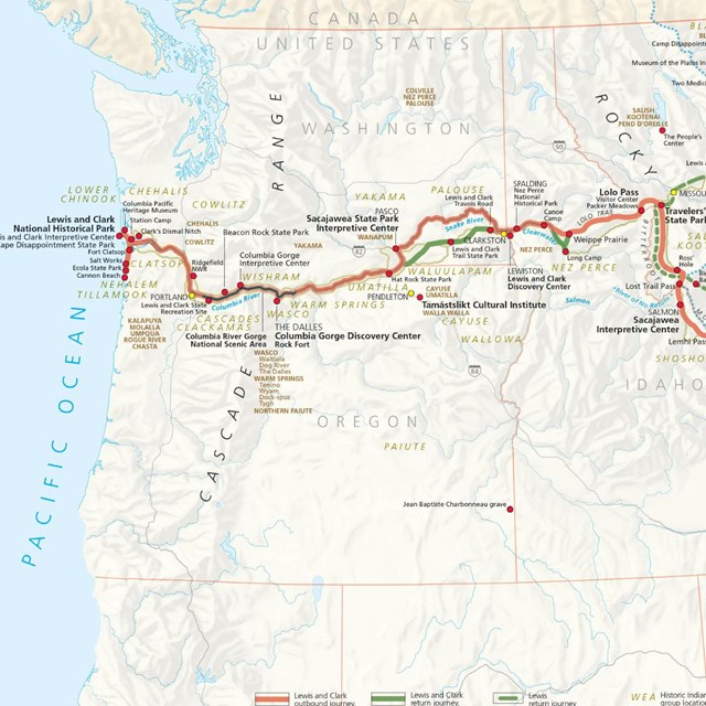 Map of Lewis and Clark Trail Showing portion from Western MT through ID and into OR and WA. 