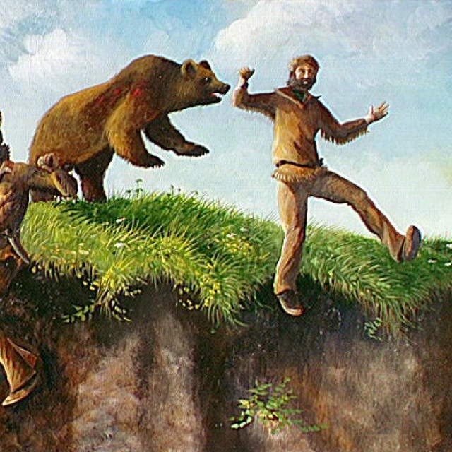 painting of two many jumping off a cliff to escape a pursuing grizzly bear.