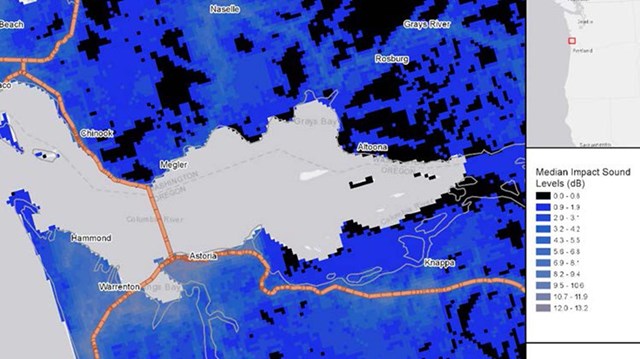 A blue and black colored map showing higher acoustic levels near developed areas