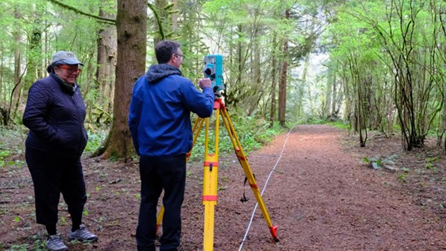 A person operates a yellow surveyor's device in a forest.