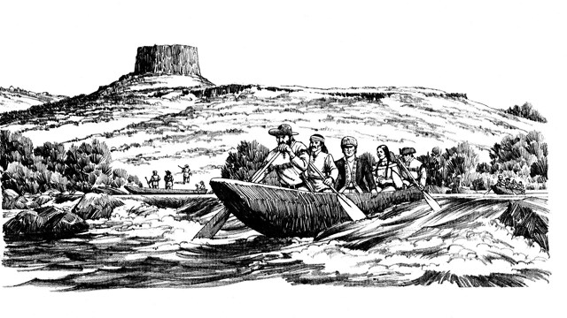 Pencil drawing of four expedition members in a canoe in rough waters