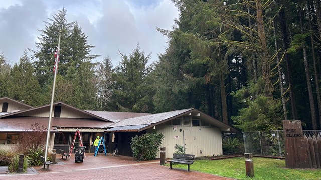 Outside of the visitor center surrounded by a chain linked fence