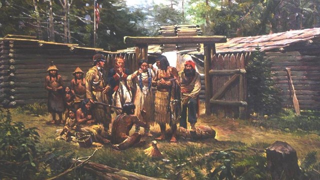 Artistic rendering of the Captains trading with Clatsop in front of the wooden fort