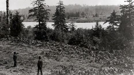 black and white photo of site of Fort Clatsop