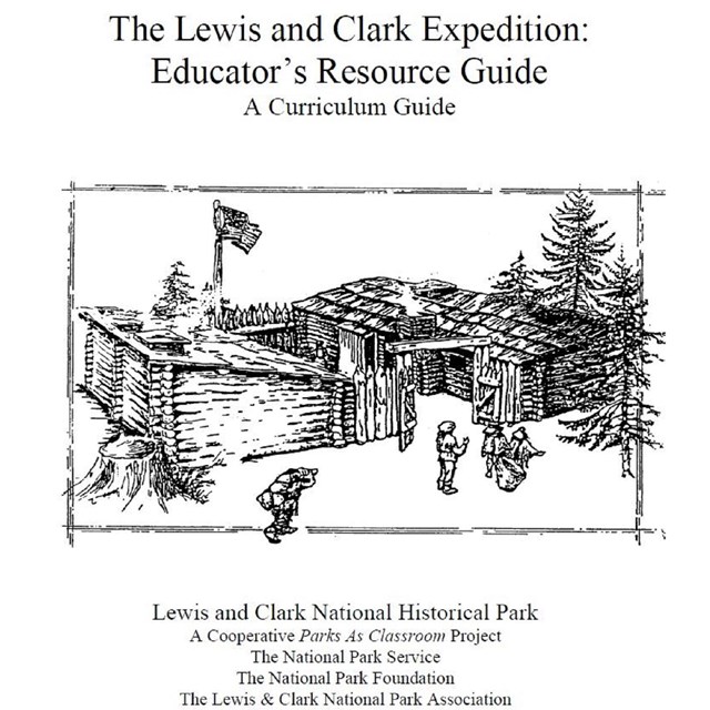 A black and white sketch of Fort Clatsop with the title of the guide above and partners below.