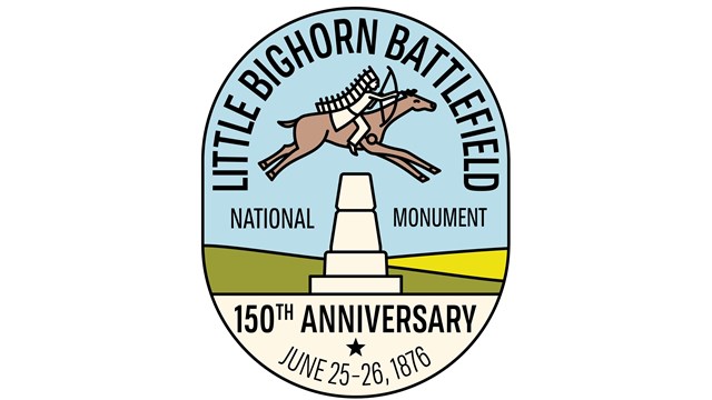 A graphic image with Little Bighorn Battlefield featuring a person on horse jumping a white obelisk