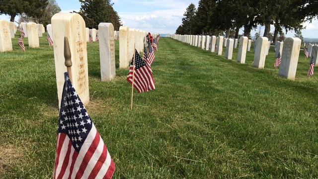 Mini american flags planted in the grass next to headstones in the Custer National Cemetery.