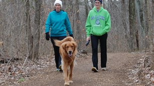 Visitors walking their dog on a park trail.