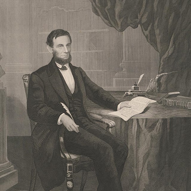 Drawing of Lincoln sitting at a table, holding draft of Emancipation Proclamation