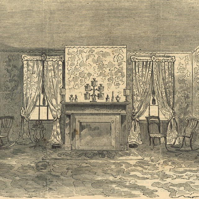 Sepia engraving of the Lincoln Home sitting room with a fireplace flanked by long-curtained windows