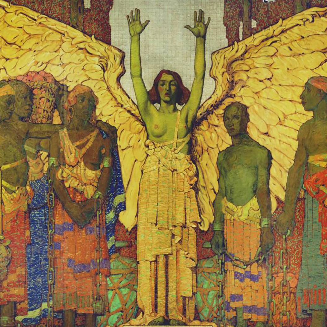 A painting of a winged angel figure breaking the shackles and freeing slaves.