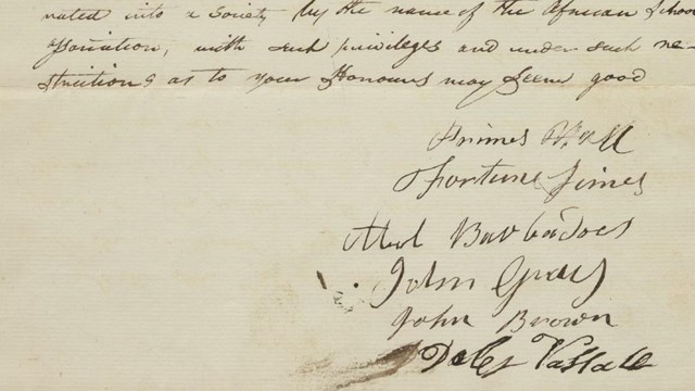 Handwritten 19th century petition signed by Darby Vassall and others