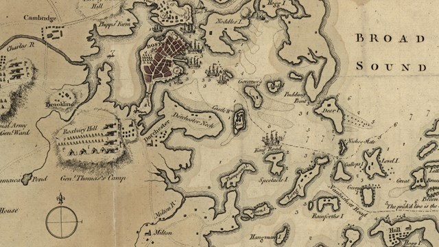 1775 map of Boston showing Dorchester Heights.