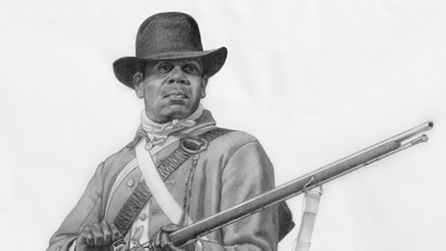 Drawing of a minuteman of African descent stands ready with musket and equipment. 