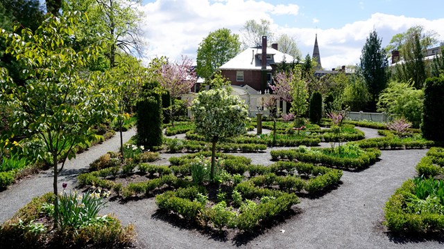 A formal garden with paths and boxwood-bordered beds, trees and flowers in bloom in early spring