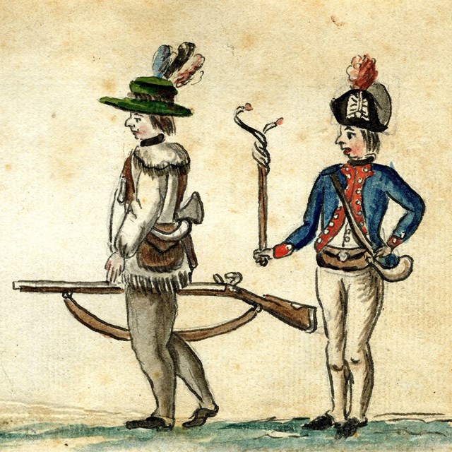 Watercolor of four Continental soldiers in different uniforms