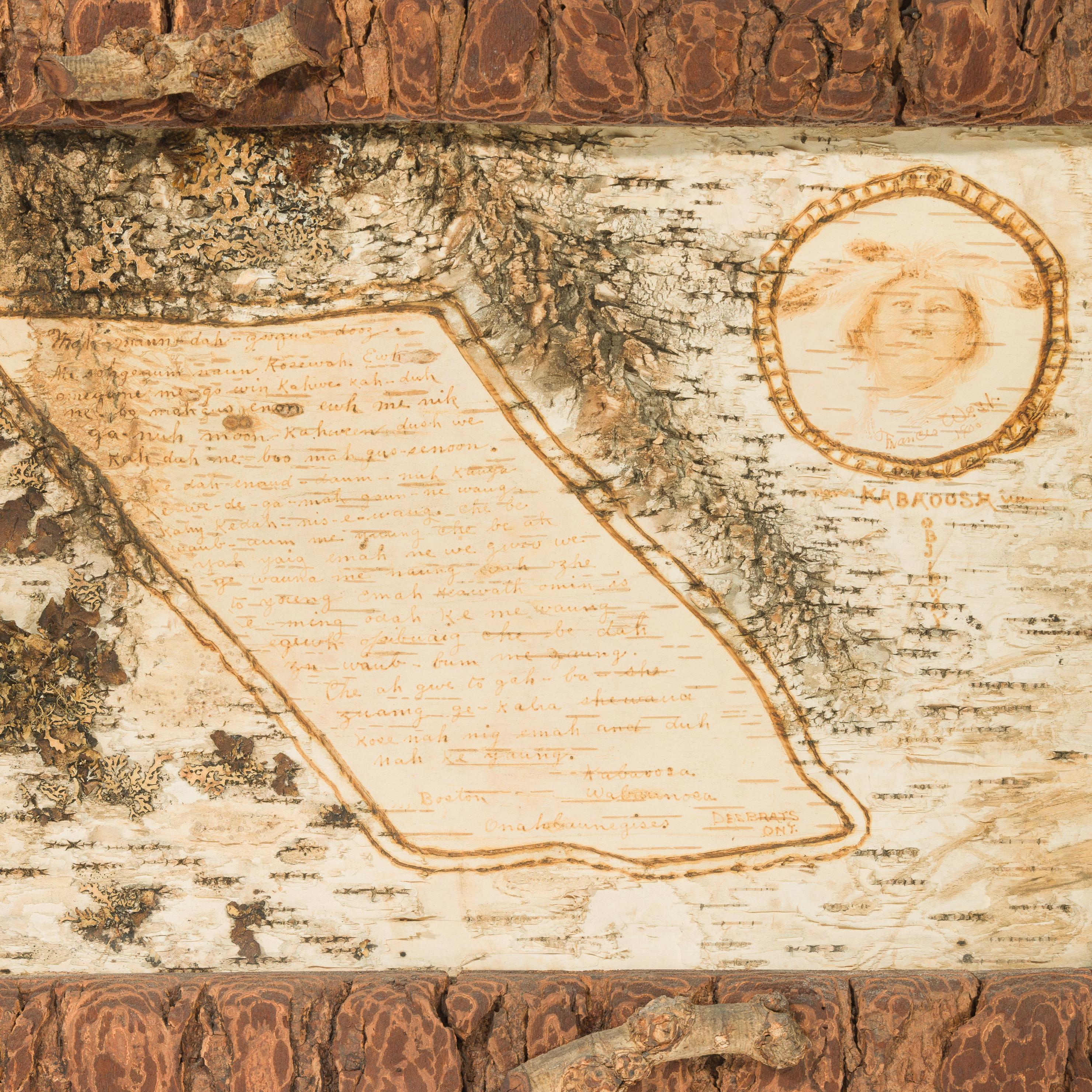 Birchbark panel with rustic bark surface, text, and small portrait in bark frame.