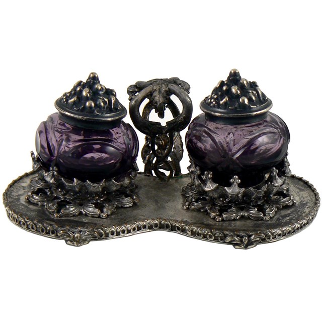 Silver inkwell with two purple glass chambers