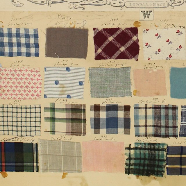 Samples of cotton fabric in different prints glued to paper