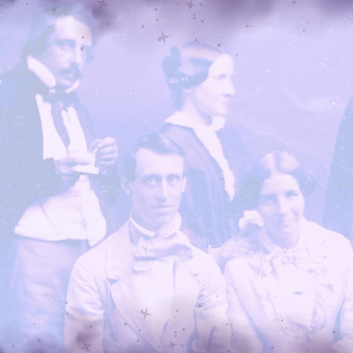 Mid-1800s photo of six people with a modern stylized purple tint