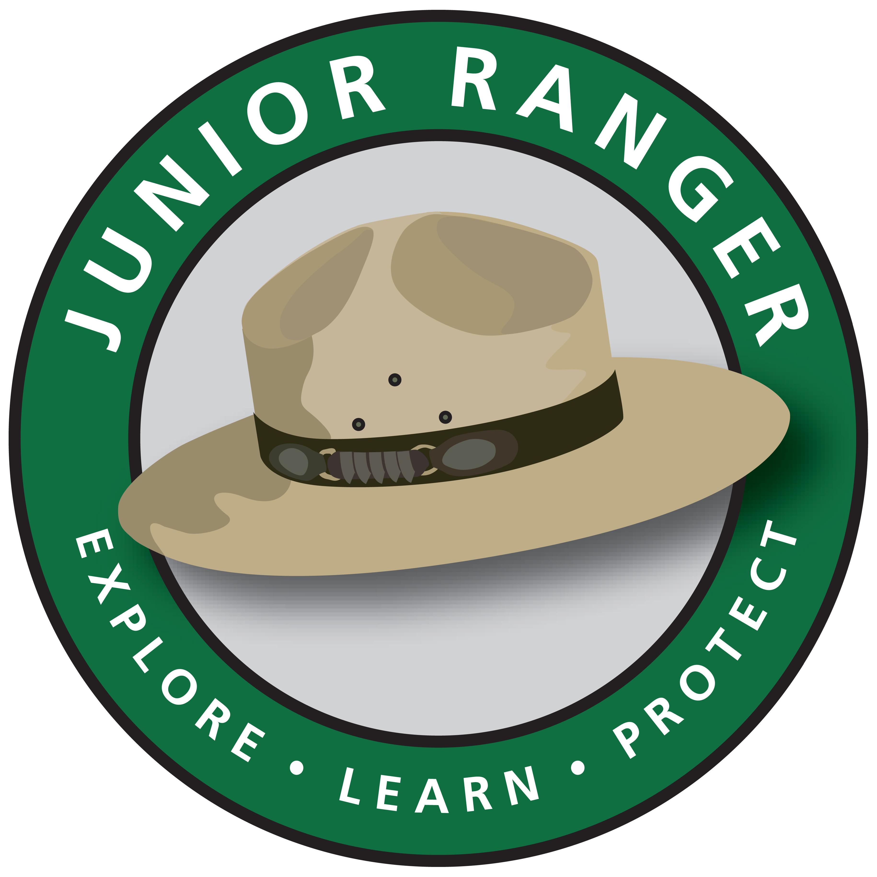 Illustration of tan ranger hat with green circle and text Junior Ranger, Explore, Learn, Protect