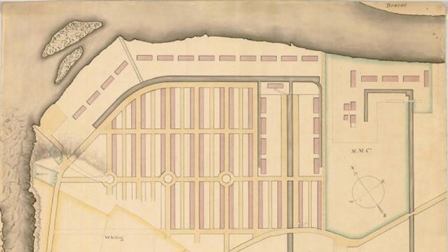 A map of lowell made by Kirk Boott, with mill buildings and the river indicated