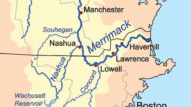 A map showing the course of the Merrimack River and the surrounding watershed running through Lowell