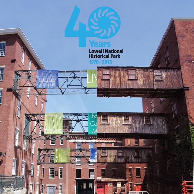 A contrast split vertically between the remodeled Boott Mills of today, and the mills of the 1970s.