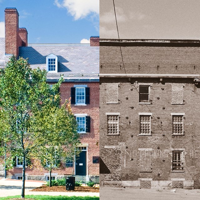 A contrast split vertically between the boardinghouses of today, and the former site as warehouses.