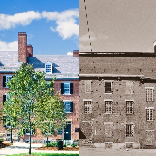 A contrast split vertically between the boardinghouses of today, and the former site as warehouses.